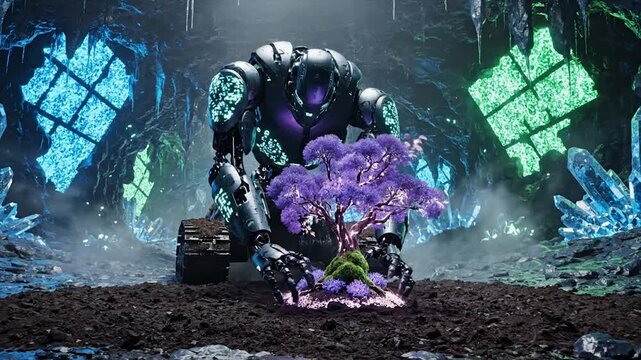 A futuristic robot tending to a vibrant purple alien plant in a cave.