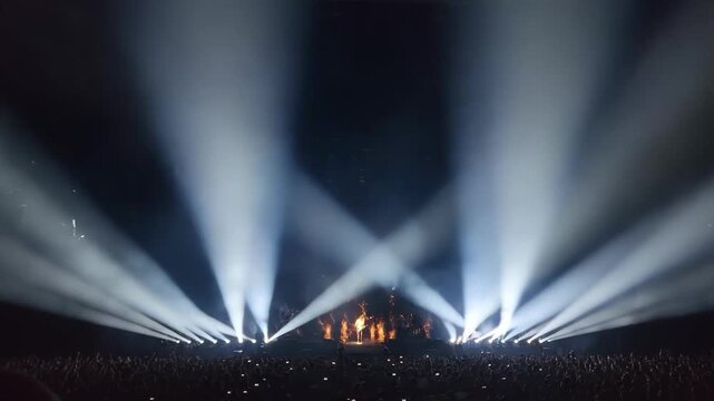 Intense concert stage lighting illuminates a large crowd during a performance