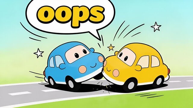Two cartoon cars one blue and one yellow are about to collide on a road illustrating a playful car accident scenario for childrens content.