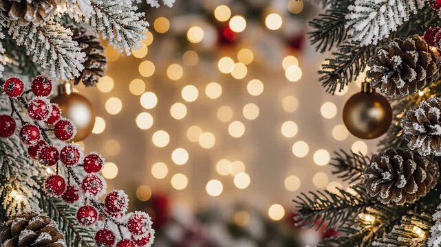 Christmas decoration with pinecones berries and bokeh lights holiday season concept