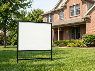 Empty real estate sign on lawn in front of brick house