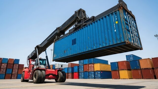 Red forklift raises blue shipping container in storage yard under blue sky