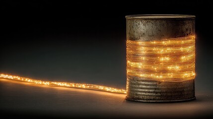A simple tin can telephone, but the string is a vibrant, glowing fiber optic cable, symbolizing the evolution of communication technology 