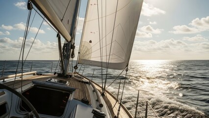 Sailboat cruising, sails full, ocean view, sunny sky with some clouds above