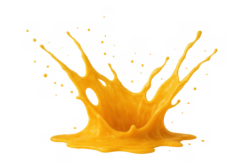 Refreshing orange juice splashing out, creating dynamic liquid movement with many drops, transparent background