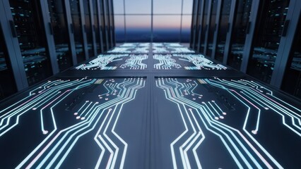 Server room aisle with glowing circuit patterns, servers blurred in background