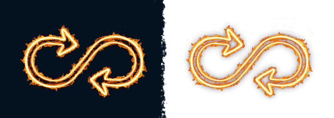 Infinity arrows icon set made of flame outline showing an endless loop for refresh and repeat actions in interface controls, continuous process marker for update cycle and recycling