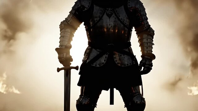 Valiant Knight in Full Plate Armor Holding a Sword on a Smoky, Fiery Battlefield at Sunset