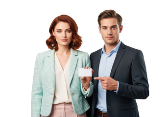 Business card mockup shown between two managers as a hand points to the blank card for contact details, used for directory entry and appointment reminders in service communications