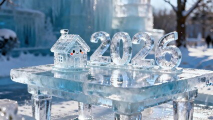 Ice sculpture of house and year 2026