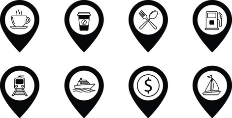 Location pin icons set vector illustration with cafe transport fuel food money and travel symbols in flat monochrome style for map navigation and app interface designs