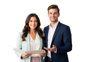 Sales executive and bank representative holding paper folder while discussing commercial investment project or insurance policy agreement for business expansion and financial planning service