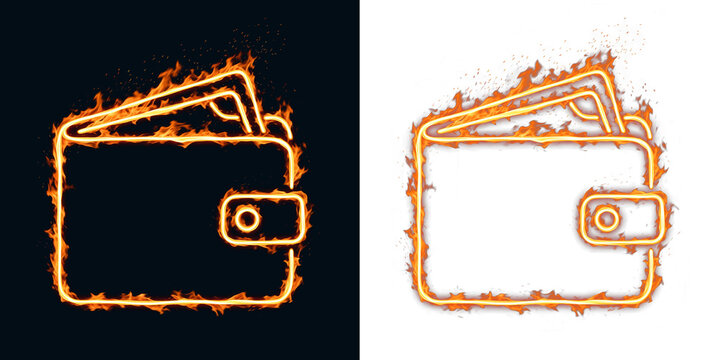 Wallet icon with burning flame outline represents global financial inflation or money loss during a bank crisis and bankruptcy risk with heat glow for economic disaster and debt increase
