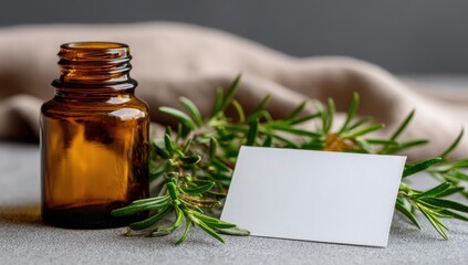 Amber Essential Oil Bottle, Fresh Rosemary Sprigs, Blank Card for Natural Product Branding  Wellness.