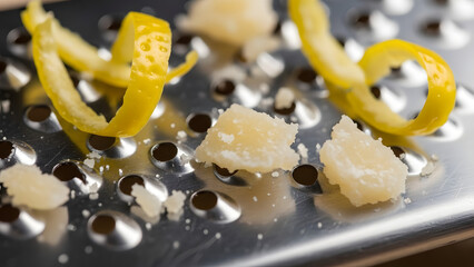 Freshly grated lemon zest curls and finely shredded cheese resting on a shiny metal kitchen grater.