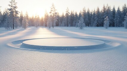 Snow-covered platform sits in a wintery forest landscape, sun rising behind trees