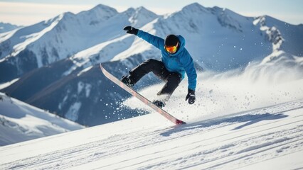 Snowboarder mid-air against snowy mountains under bright sunlight