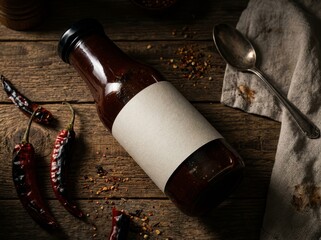 Glass bottle of dark brown sauce with label on rustic wooden table