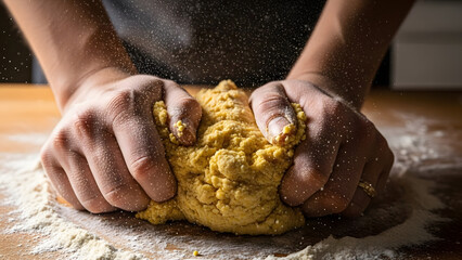 A person's hands vigorously kneading vibrant yellow dough covered in flour on a rustic wooden surface.