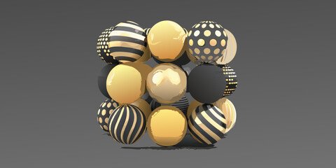 A clustered arrangement of decorative golden and black patterned spherical objects