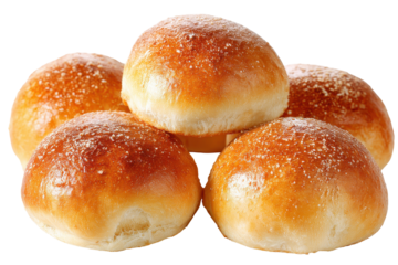 Freshly baked golden brown burger buns topped with seeds isolated on transparent background. Delicious golden brown sesame seed burger buns isolated on white background.