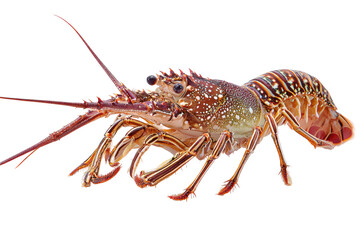 Spiny lobster seafood cuisine ingredient isolated on transparent background. Close-up of a spiny lobster showing texture legs and antennas isolated on white background.