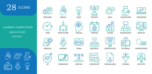 Learning Gamification Line Icons. Featuring trophy, XP, rocket, reward, and roadmap symbols. Editable vector for e-learning apps, LMS platforms, and educational marketing