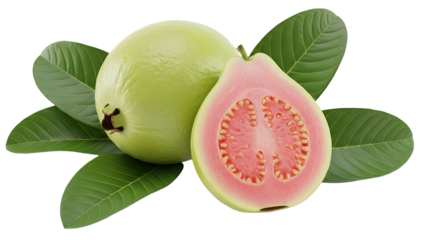Fresh Guava Fruit with Pink Interior and Green Leaves