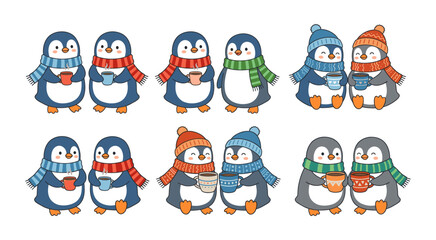 Fototapeta premium Cute cartoon penguins wearing scarves and hats holding hot chocolate mugs