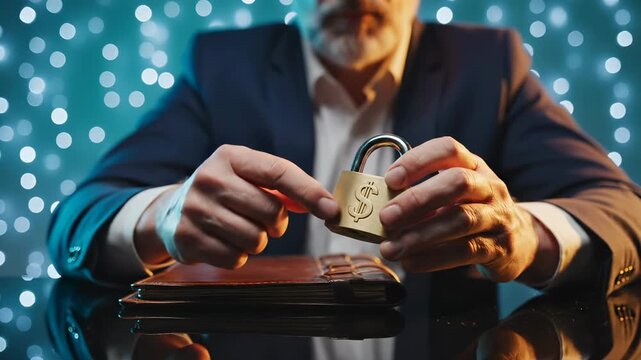 Businessman holds golden padlock with dollar symbol above briefcase. Man protects money with security lock. Business executive secures money using padlock. Protection for financial assets shown.