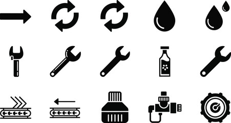 Water and plumbing solid icon set with leak, repair, drop-themed icons, faucet, wrench, pipe, shower, plunger, valve, and maintenance symbols. Vector cartoon illustration