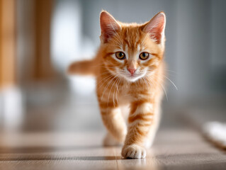 Curious orange tabby kitten walking confidently on a wooden floor with soft natural light and blurred background capturing its playful personality and alert expressi