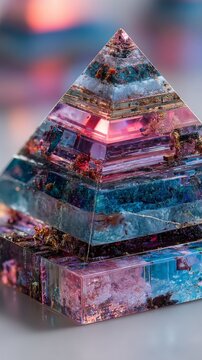 Layered resin pyramid with crystals and copper. Ideal for spiritual blogs, alternative medicine sites, and shops selling meditation and energy healing tools