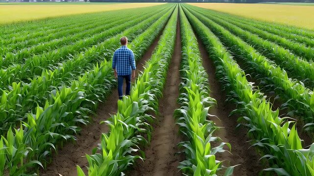 Man walking through green rows of crops agriculture farming concept