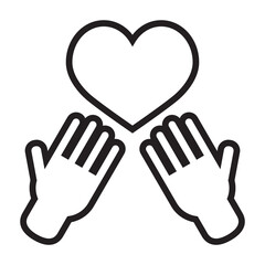 Obraz premium Outline style of two hands held open and upward toward a central heart, symbolizing a plea, hope, or spiritual request for affection and compassion. Related to charitable giving, romantic hope