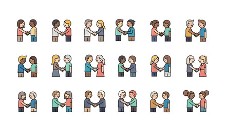 A collection of pixel art icons depicting diverse pairs of people shaking hands, symbolizing agreement, partnership, and greeting.