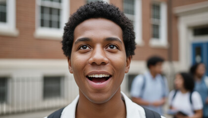 Joyful Non-Binary Person Smiling Outdoors in Front of School Building for Educational Blogs, Self-Acceptance Websites, Awareness Campaigns, and Youth Empowerment Content