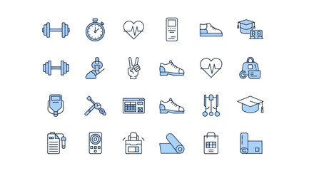 Collection of fitness and education related icons on white background