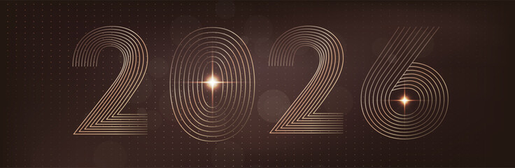 Happy new year 2026. Holiday greeting luxury card design. 3D Shiny gold realistic numbers isolated on dark brown background. Merry Christmas 