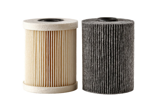 Cylindrical fuel filters one clean and one dirty isolated on transparent background. Two cylindrical filters showing clean and dirty conditions isolated on white background.