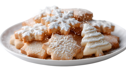 Christmas sugar cookies with powdered sugar, isolated on transparent background