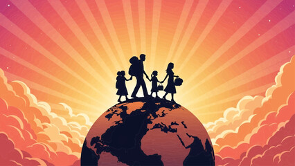 Family Standing Together on Globe against Vibrant Sunset Background