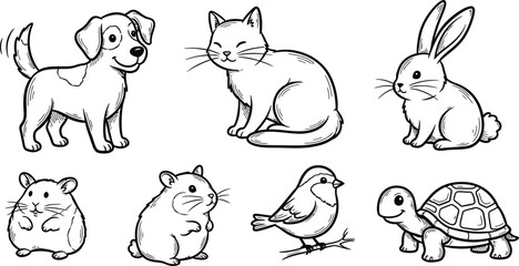 Obraz premium Collection of cute black and white cartoon cat icons in various poses and expressions