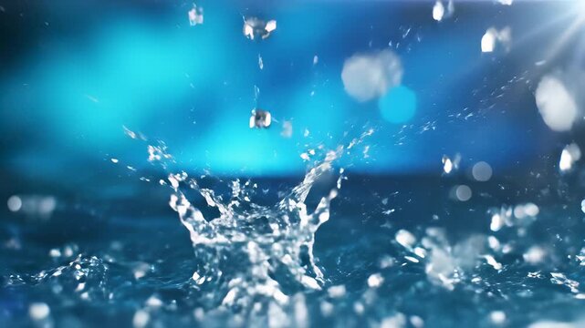Water splashes and droplets falling into a glass on a blue background, capturing the serene concept of tranquility and refreshing calmness, perfect for use as a loop or seamless animation in.