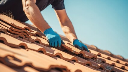 Worker installs terracotta roof tiles on sunlit building with blue sky backdrop