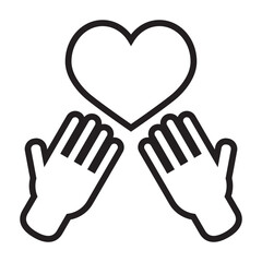 Obraz premium Outline style of two hands held open and upward toward a central heart, symbolizing a plea, hope, or spiritual request for affection and compassion. Related to charitable giving, romantic hope
