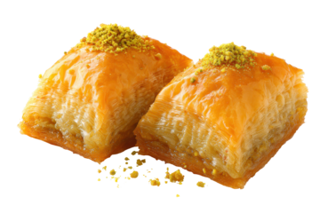 Two pieces of sweet baklava pastry with sesame seeds isolated on transparent background. Delicious golden baklava pastry with sesame seeds isolated on white background.