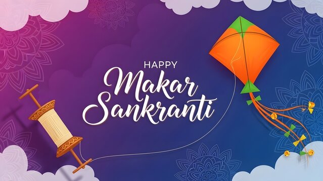 Happy makar sankranti festival greeting card with kite and spool