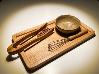 Kitchen prep station with bowl whisk tongs and nuts on wooden board