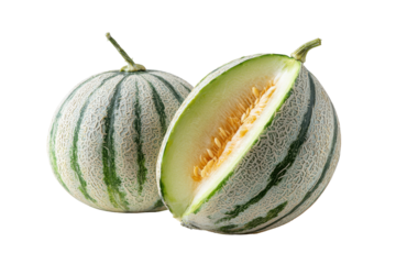 Cantaloupe melons one cut half isolated on transparent background. Fresh ripe cantaloupe melon halved and whole isolated on white background.